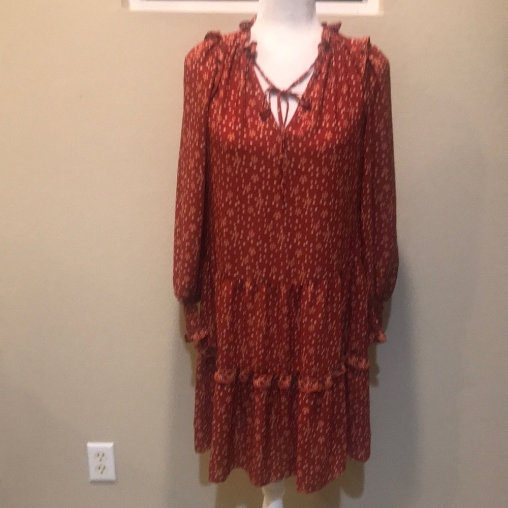 Max Studio Boho Tiered Ditsy Floral Dress w/Tie at Neckline Puffed Sleeves-XS